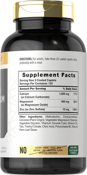 Carlyle Calcium Magnesium Zinc | 400 Caplets Value Size | Vegetarian, Non-GMO, Gluten Free Supplement