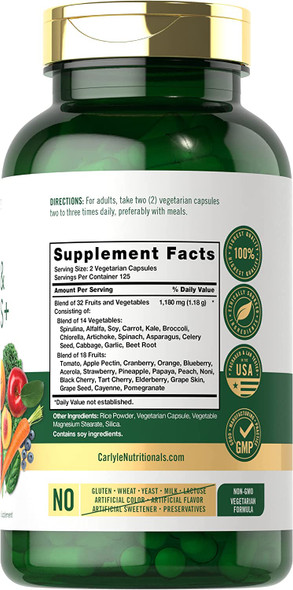 Carlyle Fruits and Veggies Supplement | 250 Capsules | Made with 32 Fruits and Vegetables | Vegetarian, Non-GMO, Gluten Free Superfood Formula