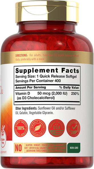 Vitamin D3 2000 IU Softgels | 400 Count | Non-GMO, Gluten Free Formula | 50 mcg | Vitamin D Supplement | by Carlyle