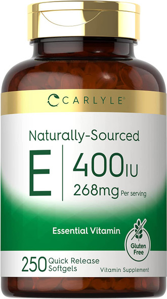 Carlyle Natural Vitamin E | 400 IU | 250 Softgels | Non-GMO and Gluten Free