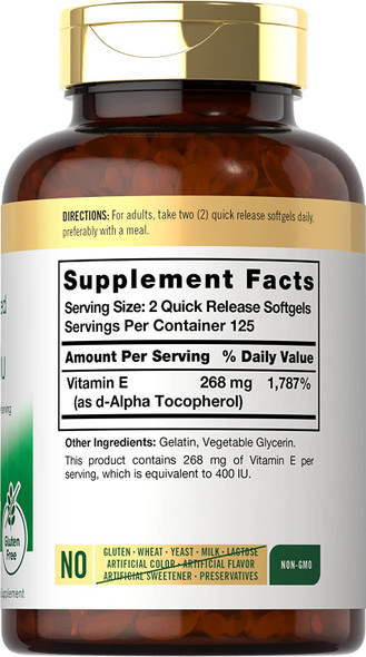 Carlyle Natural Vitamin E | 400 IU | 250 Softgels | Non-GMO and Gluten Free