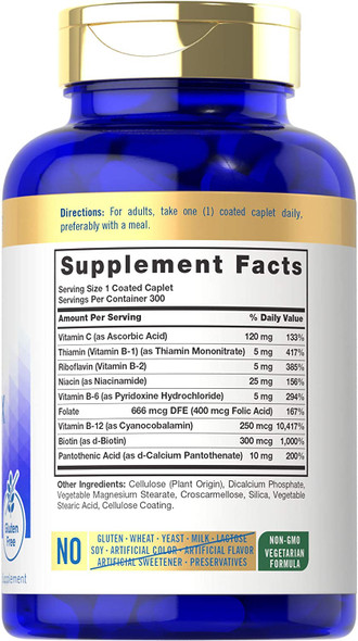 Carlyle Vitamin B Complex with Vitamin C | 300 Caplets | Vegetarian, Non-GMO and Gluten Free Supplement