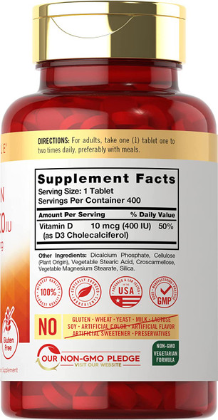Carlyle Vitamin D3 | 400iu (10mcg) | 400 Tablets | Value Size | Vegetarian, Non-GMO, and Gluten Free Formula | Vitamin D Supplement