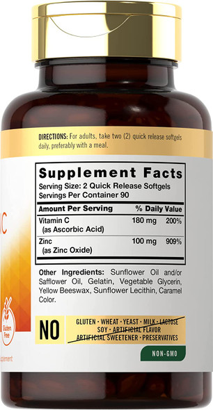Zinc 100mg with Vitamin C | 180 Softgels | Non-GMO, Gluten Free Supplement | by Carlyle