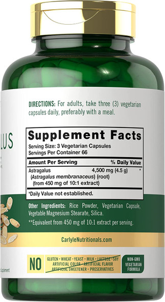 Astragalus Root Capsules 4500mg | 200 Count | Vegetarian, Non-GMO, Gluten Free Supplement | by Carlyle