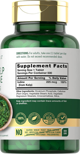 Sea Kelp Iodine | 225mcg | 500 Tablets | Non-GMO, Gluten Free | Traditional Herb Supplement | by Carlyle