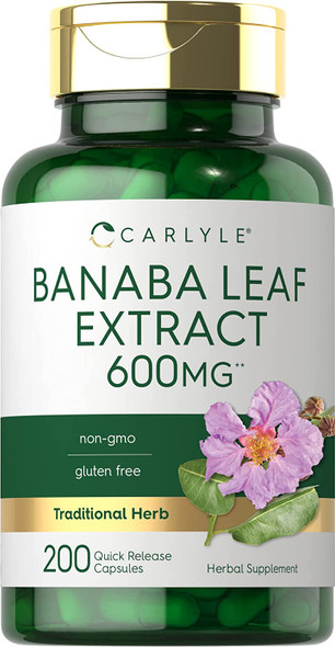 Banaba Leaf Extract Capsules 600mg | 200 Count | Non-GMO, Gluten Free | by Carlyle