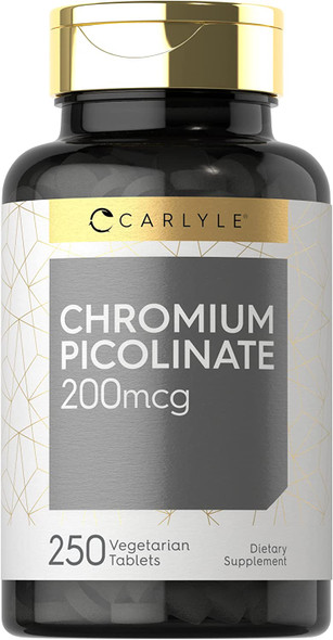 Chromium Picolinate 200mcg | 250 Tablets | Vegetarian, Non-GMO, Gluten Free | by Carlyle