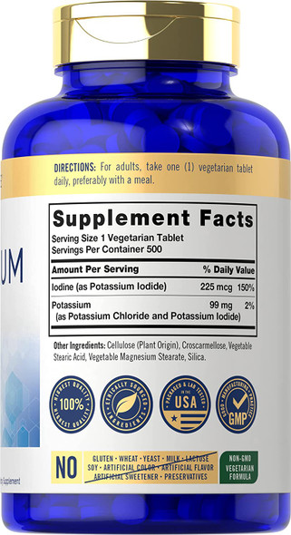 Potassium 99mg | Plus Iodine | 500 Vegetarian Tablets | Non-GMO and Gluten Free Dietary Supplement | by Carlyle