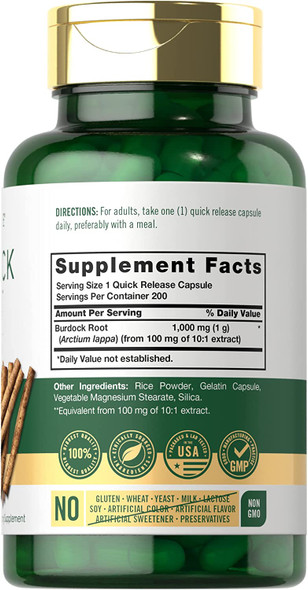 Carlyle Burdock Root | 1000 mg | 200 Capsules | Non-GMO and Gluten Free Formula | Traditional Herb Supplement | Arctium Lappa Extract