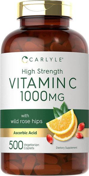 Carlyle Vitamin C 1000mg | 500 Vegetarian Caplets | Ascorbic Acid with Wild Rose Hips | High Strength Formula | Non-GMO and Gluten Free Supplement