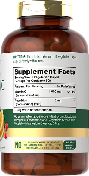 Carlyle Vitamin C 1000mg | 500 Vegetarian Caplets | Ascorbic Acid with Wild Rose Hips | High Strength Formula | Non-GMO and Gluten Free Supplement