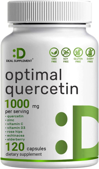 Quercetin Zinc Supplement - Quercetin 1000mg with Zinc, Vitamin C & D3 5000 IU - 120 Capsules, 2 Months Supply, Supports Healthy Immune & Anti- Inflammatory