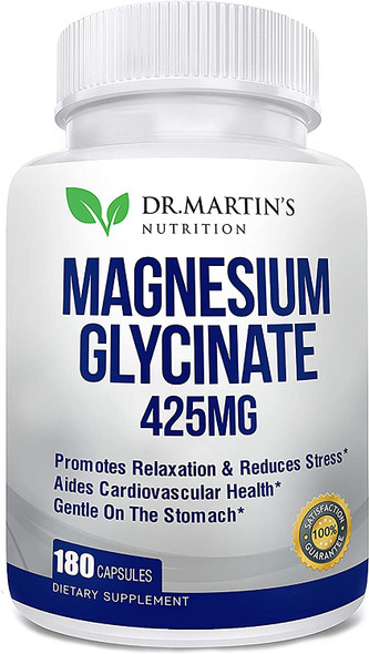 Premium Magnesium Glycinate 425mg - 180 Vegan Capsules - Helps with Stress Relief, Sleep, Muscle Cramps & Healthy Heart |