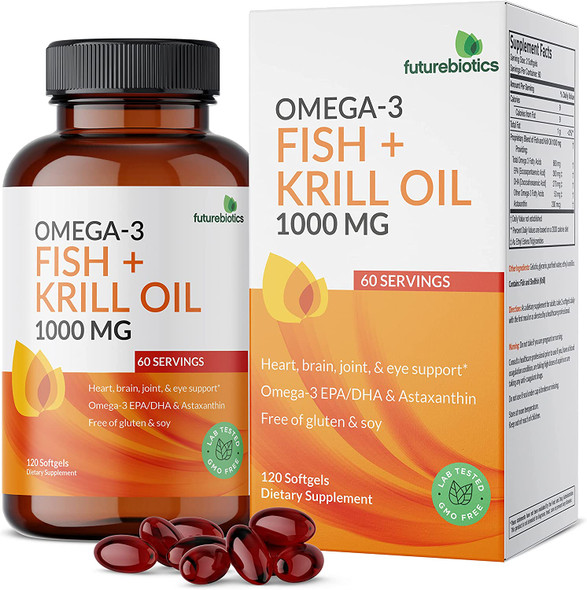 Futurebiotics Omega-3 Fish + Krill Oil 1000 MG Omega-3 EPA/DHA & Astaxanthin, Heart, Brain, Joint & Eye Support - Non-GMO, 120 Softgels (60 Servings)