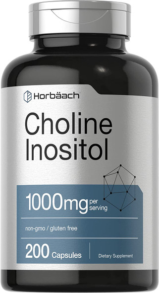 Choline Inositol 1000 mg | 200 Capsules | Non-GMO, Gluten Free Supplement | by Horbaach