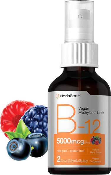 Vitamin B12 Methylcobalamin Spray | 5000 mcg | 2 oz | New Improved Packaging | Vegetarian Liquid Supplement | Non GMO & Gluten Free | Natural Berry Flavor | by Horbaach
