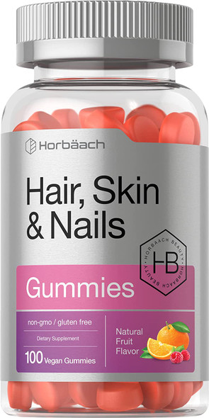 Hair Skin and Nails Gummies | 100 Count | with Biotin | Fruit Flavored Vitamins | Non-GMO, Gluten Free | by Horbaach