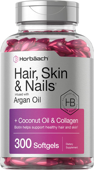 Hair Skin and Nails Vitamins | 300 Softgels | with Biotin and Collagen | Infused with Argan Oil and Coconut Oil | Non-GMO, Gluten Free Supplement | by Horbaach