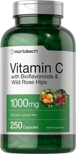 Vitamin C 1000mg | 250 Capsules | with Bioflavonoids and Rose Hips | Non-GMO, Gluten Free Supplement | High Strength Formula | by Horbaach