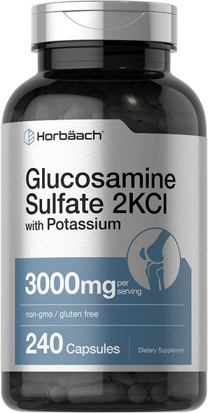 Glucosamine Sulfate 2KCI with Potassium | 3000mg | 240 Capsules | Non-GMO and Gluten Free Supplement | by Horbaach