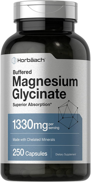 Buffered Magnesium Glycinate | 1330mg | 250 Capsules | with Chelated Minerals | Non-GMO, Gluten Free | by Horbaach