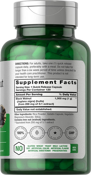 Black Walnut Hulls | 1000 mg | 120 Capsules | Non-GMO & Gluten Free | by Horbaach