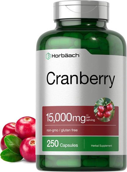 Cranberry + Vitamin C | 15,000mg | 250 Capsules | Non-GMO and Gluten Free Cranberry Pills Supplement | Concentrated Extract Formula | by Horbaach