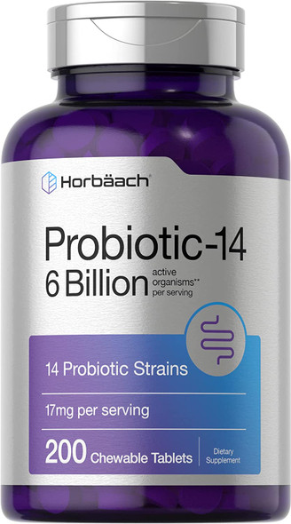 Chewable Probiotics 6 Billion CFUs | 200 Tablets | 14 Probiotic Strains | Vegetarian, Non-GMO & Gluten Free Supplement | by Horbaach