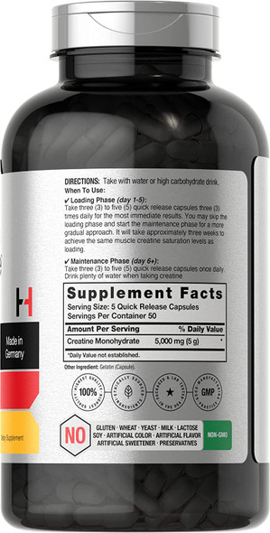 German Creatine Monohydrate 5000mg | 250 Capsules | Non-GMO, Gluten Free Supplement | by Horbaach