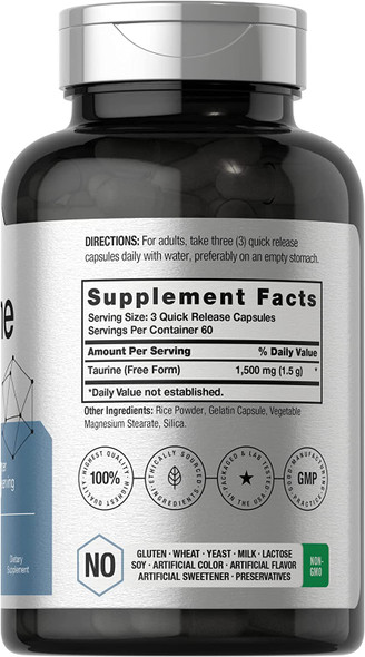 Taurine 1500mg Capsules | 180 Count | Non-GMO and Gluten Free Supplement | by Horbaach