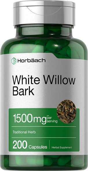 White Willow Bark Capsules | 1500mg | 200 Pills | Max Strength | Non-GMO, Gluten Free Herb Extract | by Horbaach