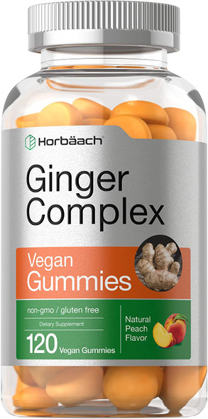 Ginger Supplement | 120 Gummies | Peach Flavor Chews | Ginger Complex with Turmeric | Vegan, Non-GMO, Gluten Free | by Horbaach