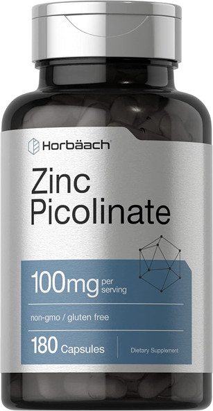 Zinc Picolinate 100mg | 180 Capsules | High Potency | Non-GMO, Gluten Free | Zinc Supplement | by Horbaach