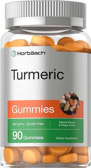 Turmeric Gummies | 90 Count | Mango & Peach Flavor | Turmeric Curcumin with Ginger | Vegan Non-GMO & Gluten Free Supplement | by Horbaach