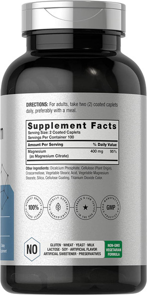 Magnesium Citrate | 400mg | 200 Coated Caplets | Vegetarian, Non-GMO, and Gluten Free Supplement | by Horbaach