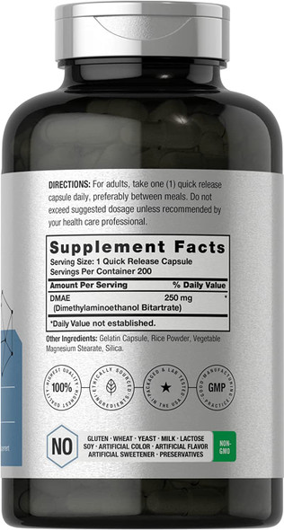 DMAE Supplement 250mg | 200 Capsules | Non-GMO, Gluten Free | DMAE Bitartrate | by Horbaach