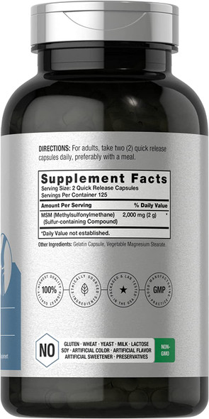 MSM Supplement Capsules | 2000mg | 250 Count | Non-GMO and Gluten Free Formula | Methylsulfonylmethane | by Horbaach