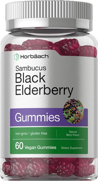 Sambucus Black Elderberry Gummies | 60 Count | with Zinc and Vitamin C | Vegan, Non-GMO, Gluten Free Extract for Adults | Natural Berry Flavor | by Horbaach