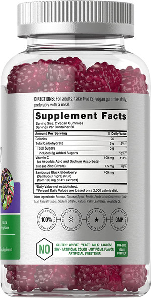 Sambucus Black Elderberry Gummies | 120 Count | with Zinc and Vitamin C | Vegan, Non-GMO, Gluten Free Extract for Adults | Natural Berry Flavor | by Horbaach