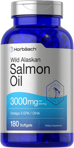 Wild Alaskan Salmon Fish Oil | 180 Softgel Capsules | Gluten Free, Non-GMO | High Potency | Excellent Source of Omega-3 Fatty Acids EPA and DHA | by Horbaach