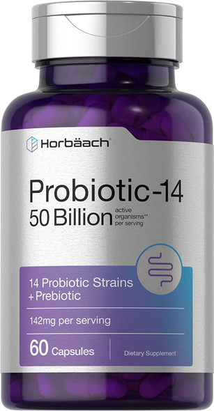 Probiotics with Prebiotics | 60 Capsules | 50 Billion Active Organisms | Non-GMO & Gluten Free Supplement | by Horbaach