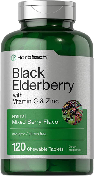 Elderberry, Zinc, Vitamin C Chewable Tablets | 120 Count | Immune Support Complex | Vegetarian, Non-GMO, and Gluten Free | by Horbaach