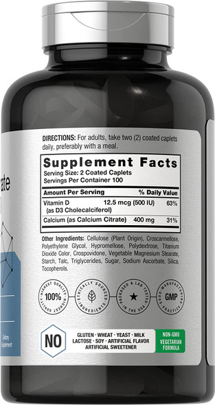 Calcium Citrate with Vitamin D3 | 200 Caplets | Vegetarian Supplement | Non-GMO, Gluten Free | by Horbaach