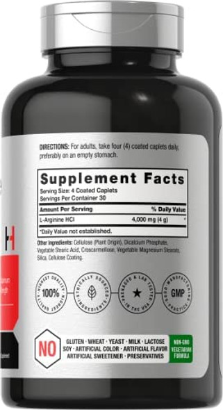 L-Arginine 4000mg | 120 Caplets | Maximum Strength Nitric Oxide Precursor | Vegetarian, Non-GMO, Gluten Free Supplement | by Horbaach