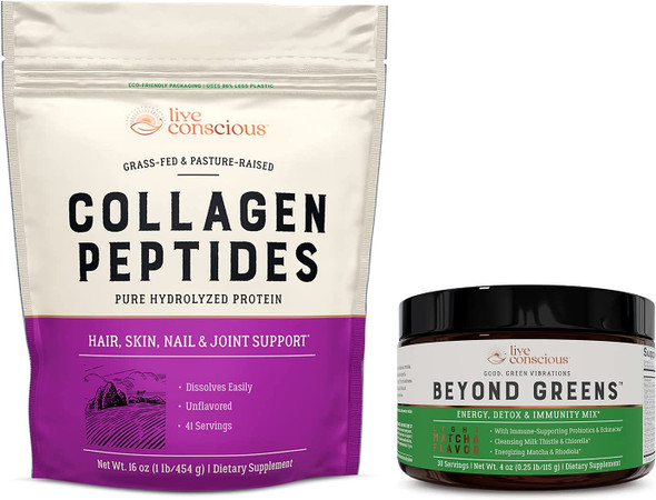 Collagen Peptides & Beyond Greens | Hair, Skin, Nail, and Joint Support + Immune Boost, Detox, & Energy