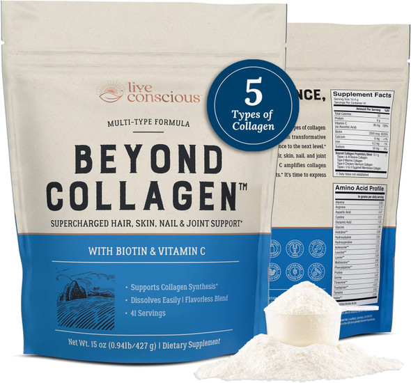 Beyond Collagen Multi Collagen Powder for Women w/ Types I, II, III, V & X - Keto Friendly, Hydrolyzed Collagen Peptides Powder Blend w/ Biotin & Vitamin C - Live Conscious - 41 Servings