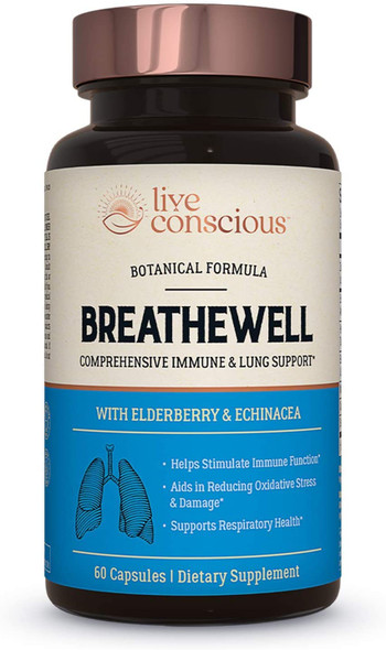 Live Conscious BreatheWell Botanical Respiratory Immune Supplement | with Echinacea, Elderberry, Zinc | Immune System Support Vitamins 60 Capsules