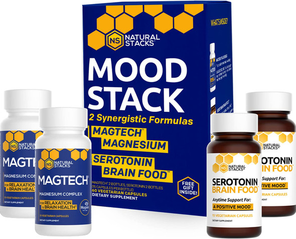 Natural Stacks Mood Stack Box - 30Ct Magnesium Supplements With Magtein Magnesium L-Threonate And Serotonin Supplements - Brain Health Supplement For Relaxation, Positive Mood, Mental Well-Being