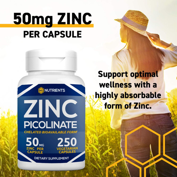 Zinc Picolinate 50 mg (250 Capsules) Chelated Zinc Supplements for Healthy Immune Support, Skin, and Eyes, Advanced Absorption Zinc Tablets, Bioavailable Non-GMO, Gluten Free, Dairy Free, Soy Free